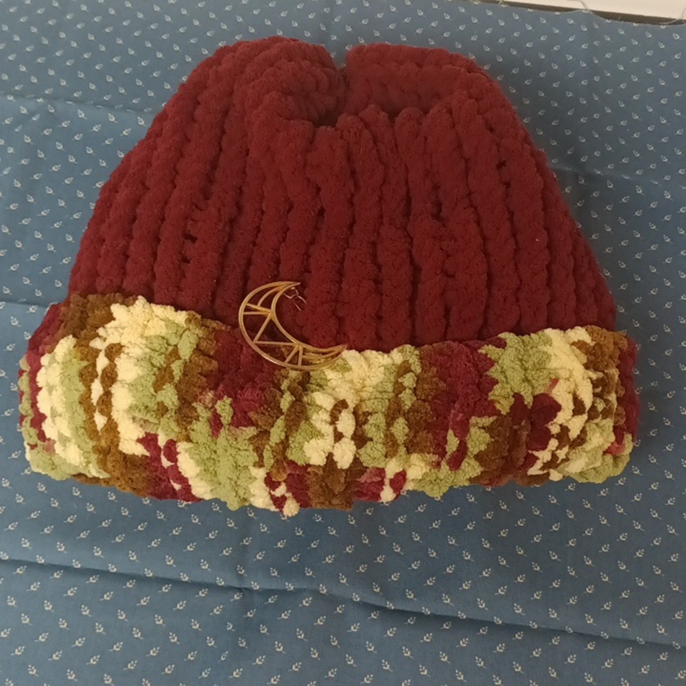 Womens Hat Headband loom knit cream maroon soft Moon charm hair clip accessory